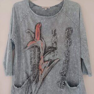 Jess & Jane L Made n USA Mineral Wash Tunic Top Blue Gray Floral Asian Y2K Retro